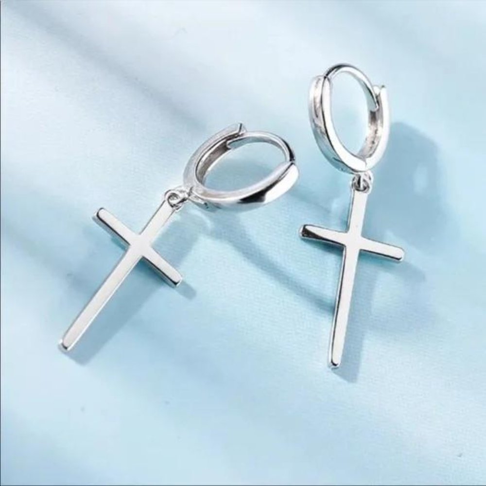 925 STERLING SILVER CROSS HOOP EARRINGS, NICE EARRINGS, CUTE EARRINGS - Picture 6 of 6